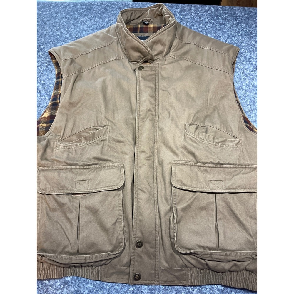 North Bay Mens 3X Khaki Cotton Utility Vest Plaid Flannel Lined Cargo Pockets